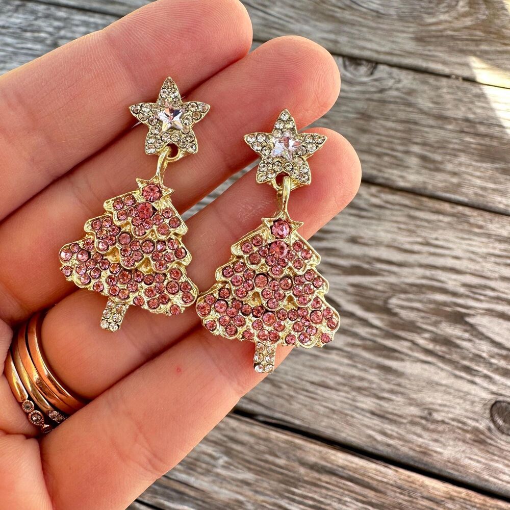 Pink Christmas Tree Earrings, Gold Tone Bow Jewelry